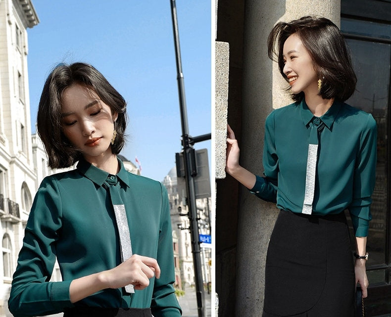 Woman Blouse with Tie, Designer Collar Button Shirt in Black/ White/Green for Smart Casual/ Formal/ Office Lady/ Gift for her