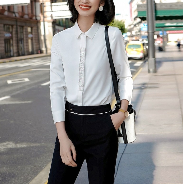 Woman Blouse with Tie, Designer Collar Button Shirt in Black/ White/Green for Smart Casual/ Formal/ Office Lady/ Gift for her