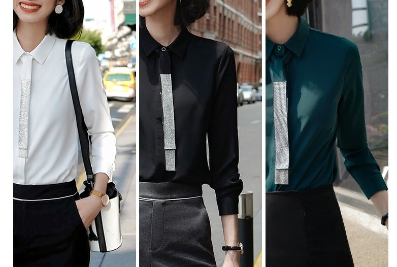 Woman Blouse with Tie, Designer Collar Button Shirt in Black/ White/Green for Smart Casual/ Formal/ Office Lady/ Gift for her