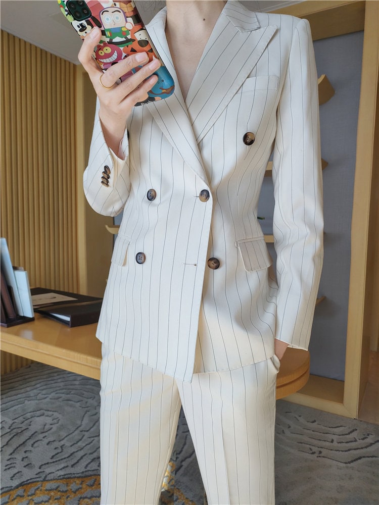 White Striped Pattern Pantsuit, Designer Woman Suit Jacket + Pant Set Slim Cut Modern Korean Style for Smart Casual/ Formal/ Gift for her