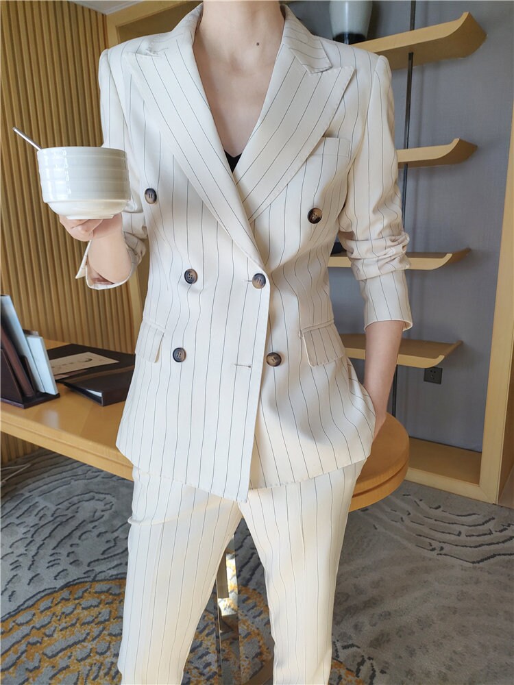 White Striped Pattern Pantsuit, Designer Woman Suit Jacket + Pant Set Slim Cut Modern Korean Style for Smart Casual/ Formal/ Gift for her