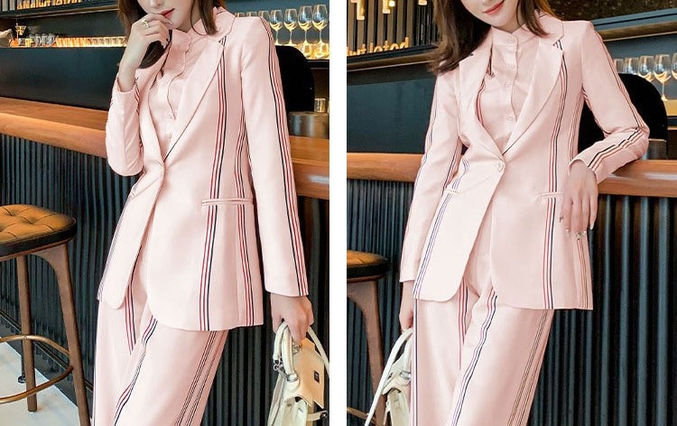 Pink Striped Pantsuit Set(Blazer+Pants+Blouse), Designer Woman Suit Jacket set Slim Cut for Smart Casual/ Formal/Event/ Gift for her