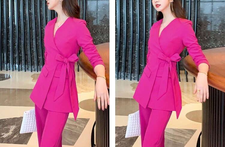 Black/Shocking Pink Pantsuit, Designer Woman Suit Jacket + Boot Cut Pant Minimalist Style Slim Cut Formal/ Event/ Party/ Office/Work suit