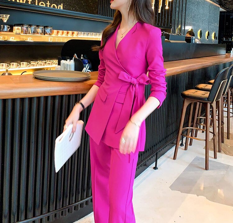 Black/Shocking Pink Pantsuit, Designer Woman Suit Jacket + Boot Cut Pant Minimalist Style Slim Cut Formal/ Event/ Party/ Office/Work suit