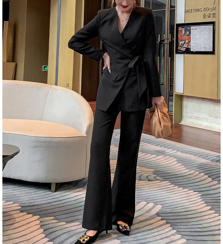 Black/Shocking Pink Pantsuit, Designer Woman Suit Jacket + Boot Cut Pant Minimalist Style Slim Cut Formal/ Event/ Party/ Office/Work suit