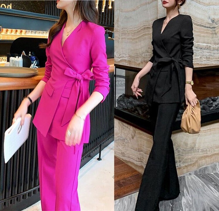 Black/Shocking Pink Pantsuit, Designer Woman Suit Jacket + Boot Cut Pant Minimalist Style Slim Cut Formal/ Event/ Party/ Office/Work suit