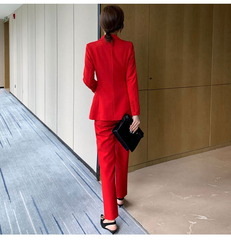 Red Office Pantsuit, Designer Woman Suit Jacket + Pants Silm Cut for Smart Casual/ Formal/ Event/ Party/ Work