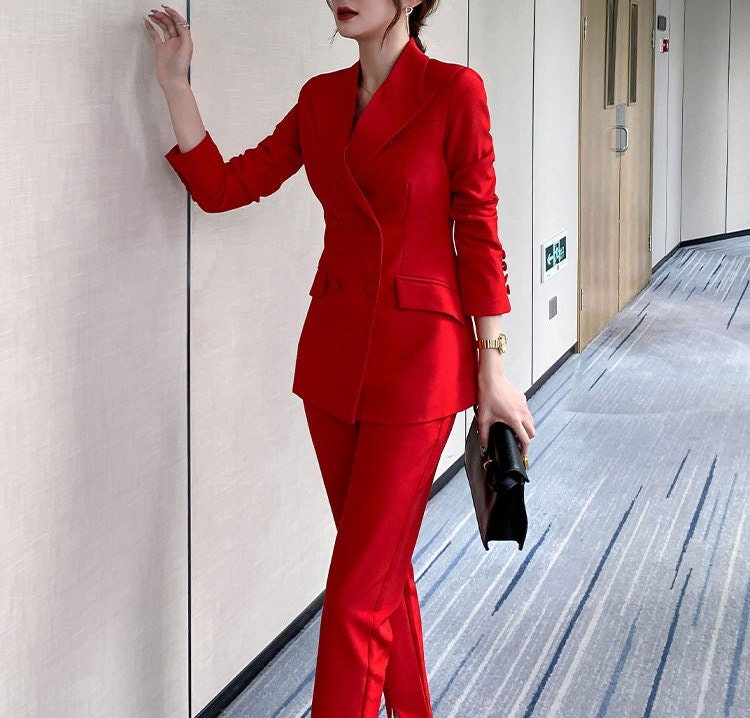 Red Office Pantsuit, Designer Woman Suit Jacket + Pants Silm Cut for Smart Casual/ Formal/ Event/ Party/ Work