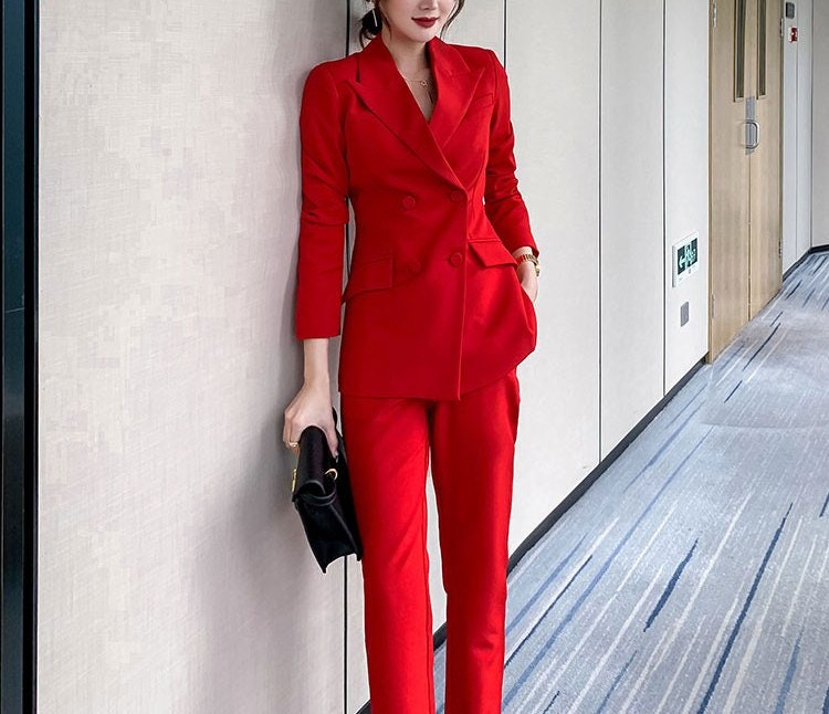 Red Office Pantsuit, Designer Woman Suit Jacket + Pants Silm Cut for Smart Casual/ Formal/ Event/ Party/ Work