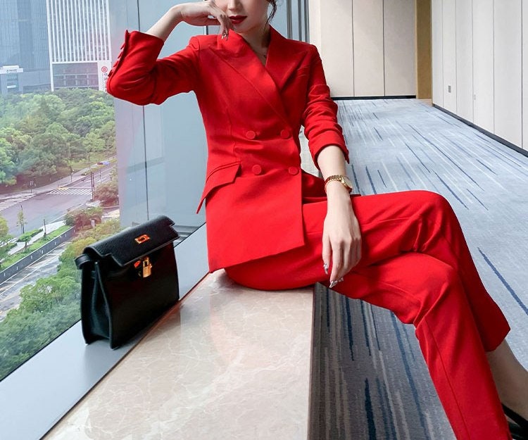 Red Office Pantsuit, Designer Woman Suit Jacket + Pants Silm Cut for Smart Casual/ Formal/ Event/ Party/ Work