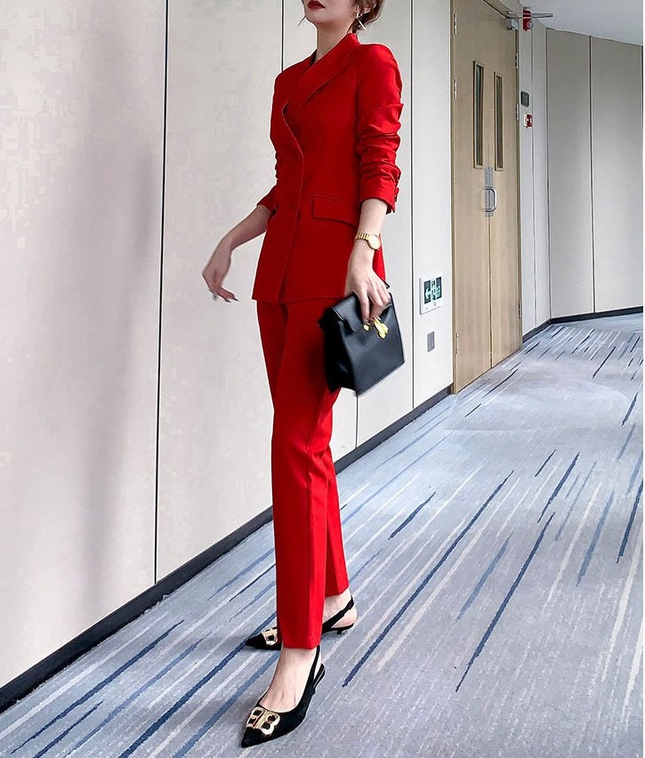 Red Office Pantsuit, Designer Woman Suit Jacket + Pants Silm Cut for Smart Casual/ Formal/ Event/ Party/ Work