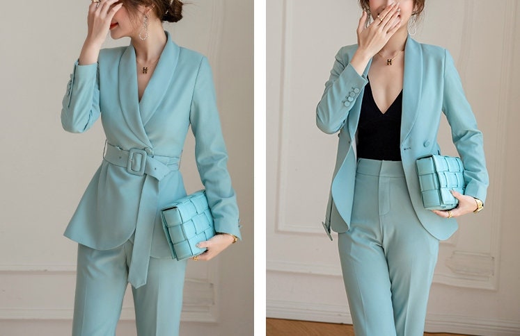 Blue Pantsuit, Designer Woman Suit Jacket+ Pants Minimalist Style Silm Cut for Smart Casual/ Formal/ Office Work/ Event/ Party