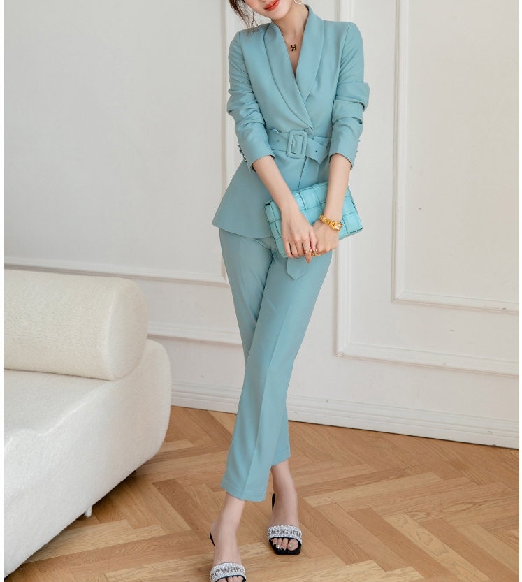 Blue Pantsuit, Designer Woman Suit Jacket+ Pants Minimalist Style Silm Cut for Smart Casual/ Formal/ Office Work/ Event/ Party