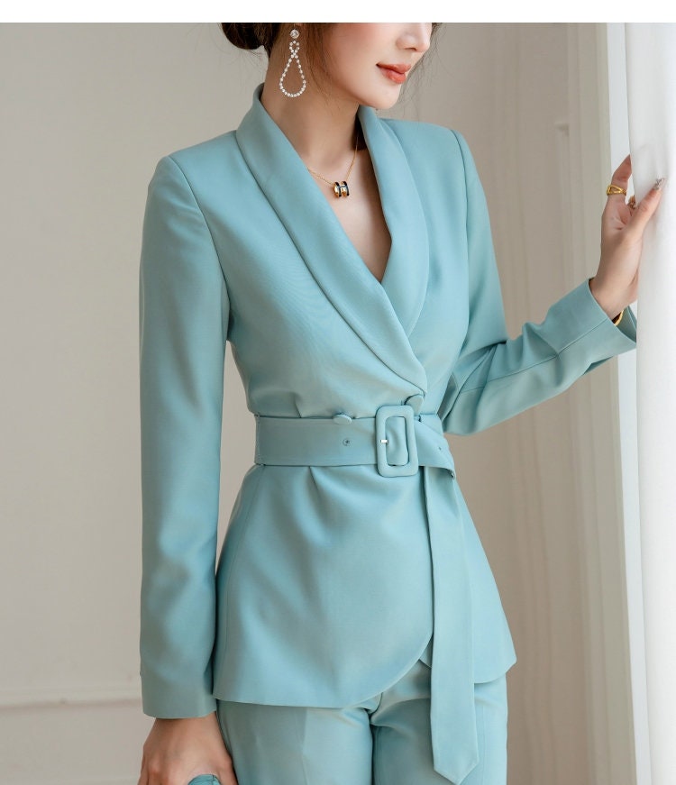 Blue Pantsuit, Designer Woman Suit Jacket+ Pants Minimalist Style Silm Cut for Smart Casual/ Formal/ Office Work/ Event/ Party