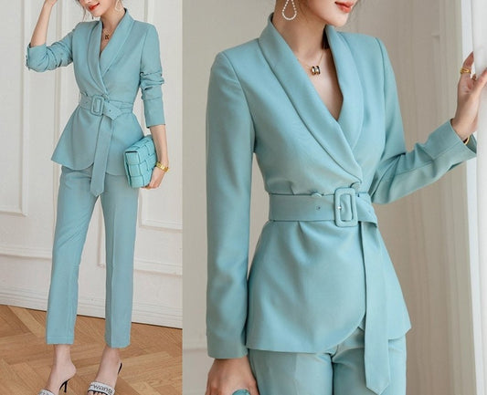 Blue Pantsuit, Designer Woman Suit Jacket+ Pants Minimalist Style Silm Cut for Smart Casual/ Formal/ Office Work/ Event/ Party