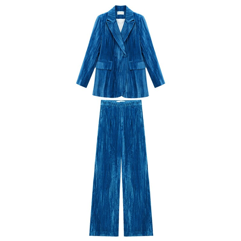 Blue Velvet Pantsuit, Designer Woman Grand Material Trendy Korean Style Suit Jacket + Pants for Smart Casual/ Formal/ Gift for her