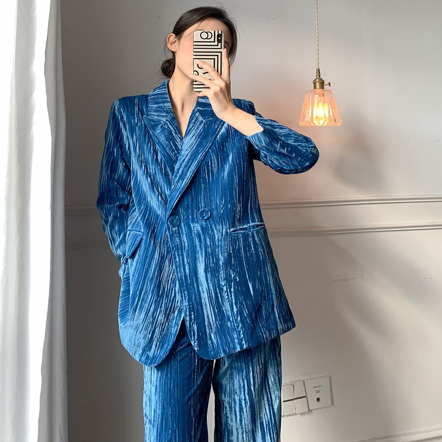 Blue Velvet Pantsuit, Designer Woman Grand Material Trendy Korean Style Suit Jacket + Pants for Smart Casual/ Formal/ Gift for her