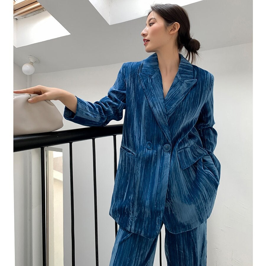 Blue Velvet Pantsuit, Designer Woman Grand Material Trendy Korean Style Suit Jacket + Pants for Smart Casual/ Formal/ Gift for her