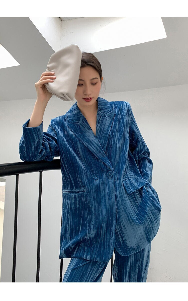 Blue Velvet Pantsuit, Designer Woman Grand Material Trendy Korean Style Suit Jacket + Pants for Smart Casual/ Formal/ Gift for her