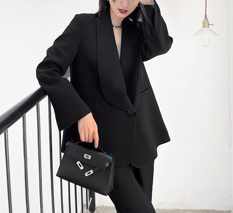 Black Big Collar Pantsuit, Designer Woman Korean Style Montone Minimalist Suit Jacket + Pants for Smart Casual/ Formal/ Gift for her