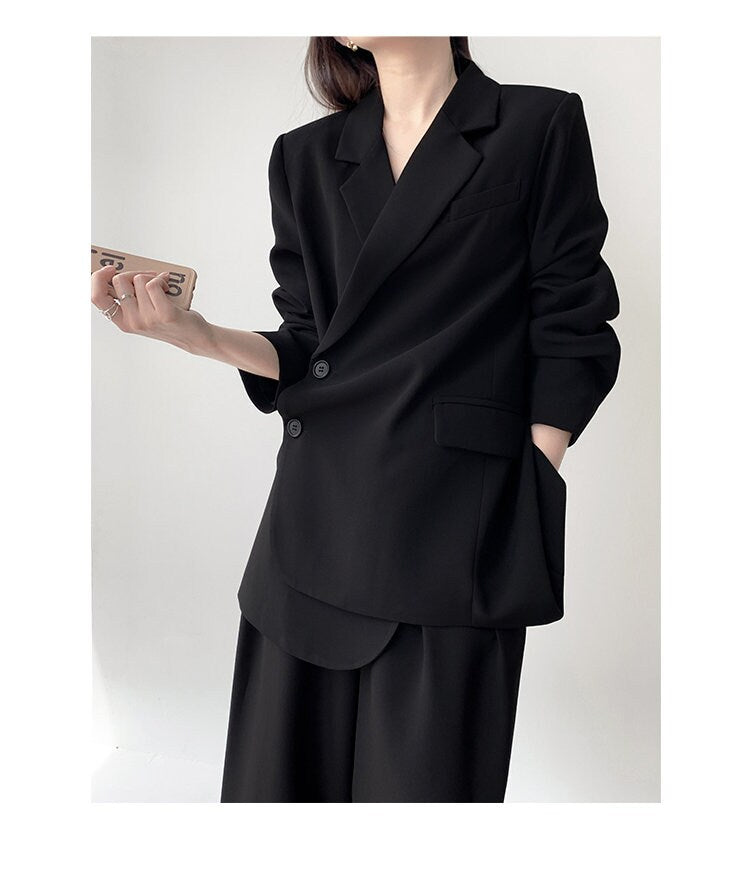 Black Chic Pantsuit, Designer Woman Korean Minimalist Montone Suit Jacket + Pants for Smart Casual/ Formal/ Gift for her