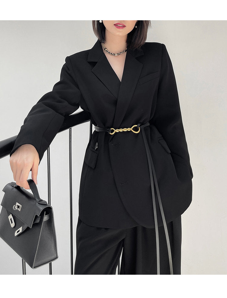 Black Chic Pantsuit, Designer Woman Korean Minimalist Montone Suit Jacket + Pants for Smart Casual/ Formal/ Gift for her