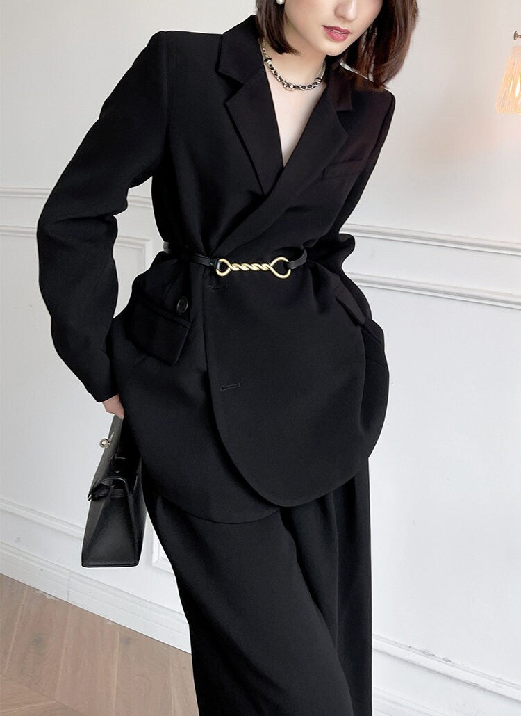 Black Chic Pantsuit, Designer Woman Korean Minimalist Montone Suit Jacket + Pants for Smart Casual/ Formal/ Gift for her