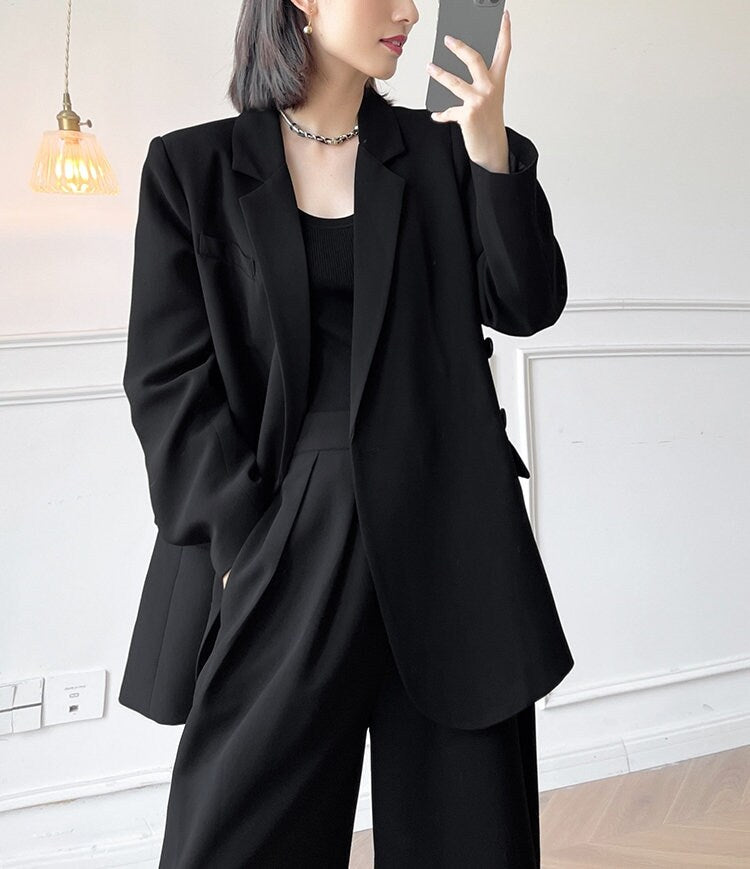 Black Chic Pantsuit, Designer Woman Korean Minimalist Montone Suit Jacket + Pants for Smart Casual/ Formal/ Gift for her