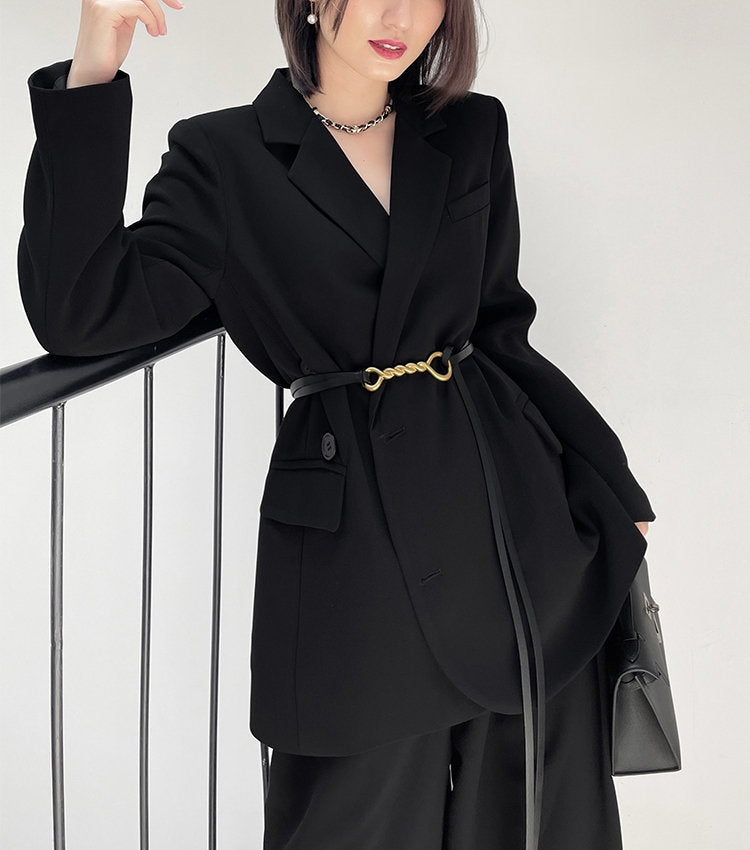 Black Chic Pantsuit, Designer Woman Korean Minimalist Montone Suit Jacket + Pants for Smart Casual/ Formal/ Gift for her