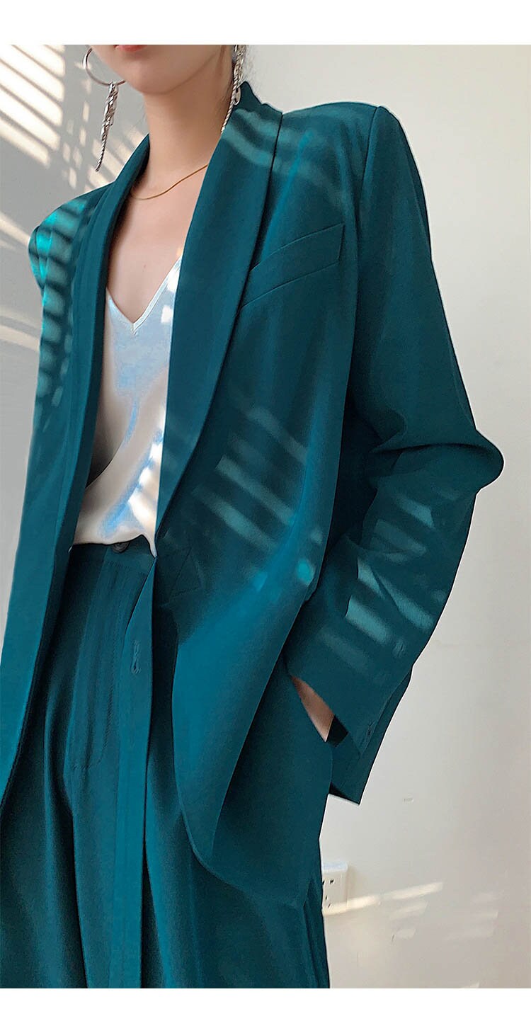 Chic Green Pantsuit, Designer Woman Korean Style Minimalist Montone Suit Jacket + Pants for Smart Casual/ Formal/ Gift for her