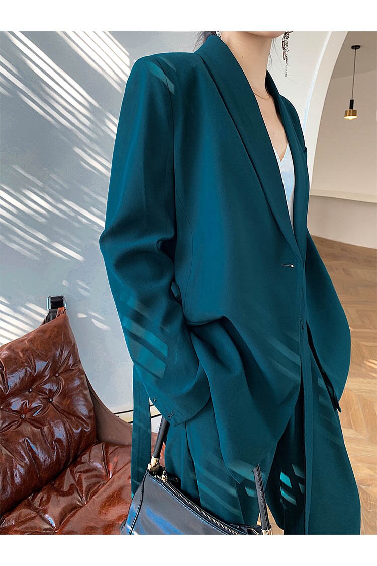 Chic Green Pantsuit, Designer Woman Korean Style Minimalist Montone Suit Jacket + Pants for Smart Casual/ Formal/ Gift for her