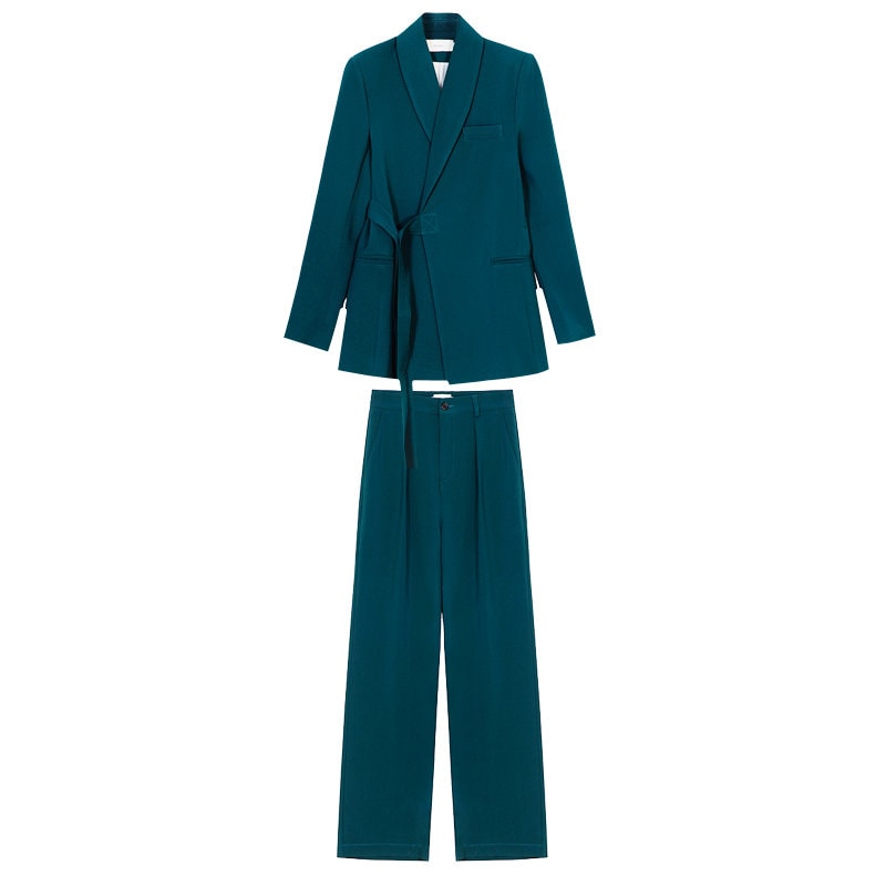 Chic Green Pantsuit, Designer Woman Korean Style Minimalist Montone Suit Jacket + Pants for Smart Casual/ Formal/ Gift for her