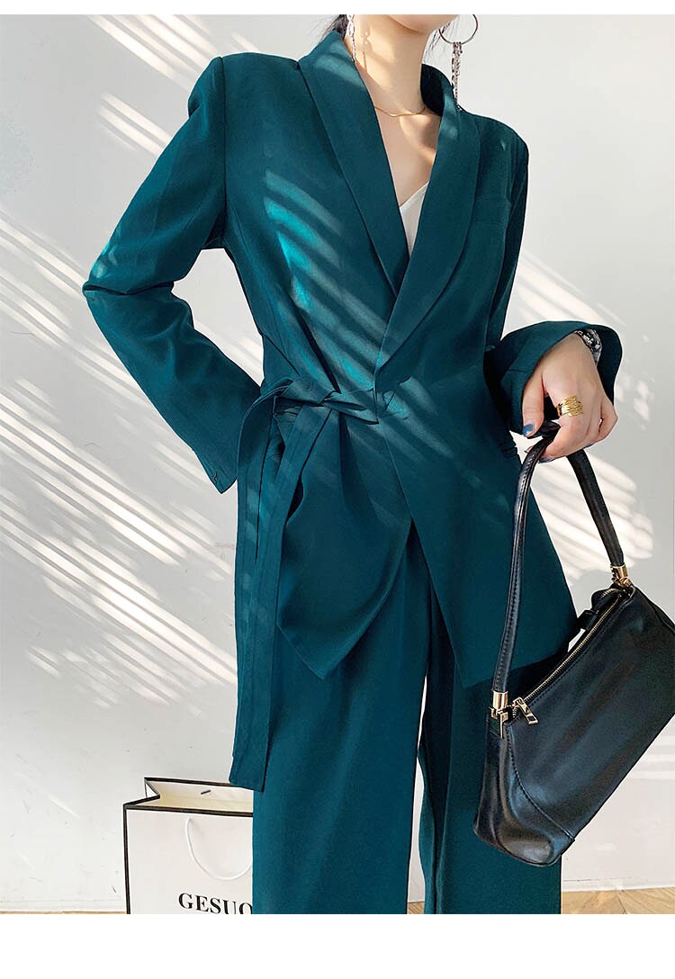 Chic Green Pantsuit, Designer Woman Korean Style Minimalist Montone Suit Jacket + Pants for Smart Casual/ Formal/ Gift for her