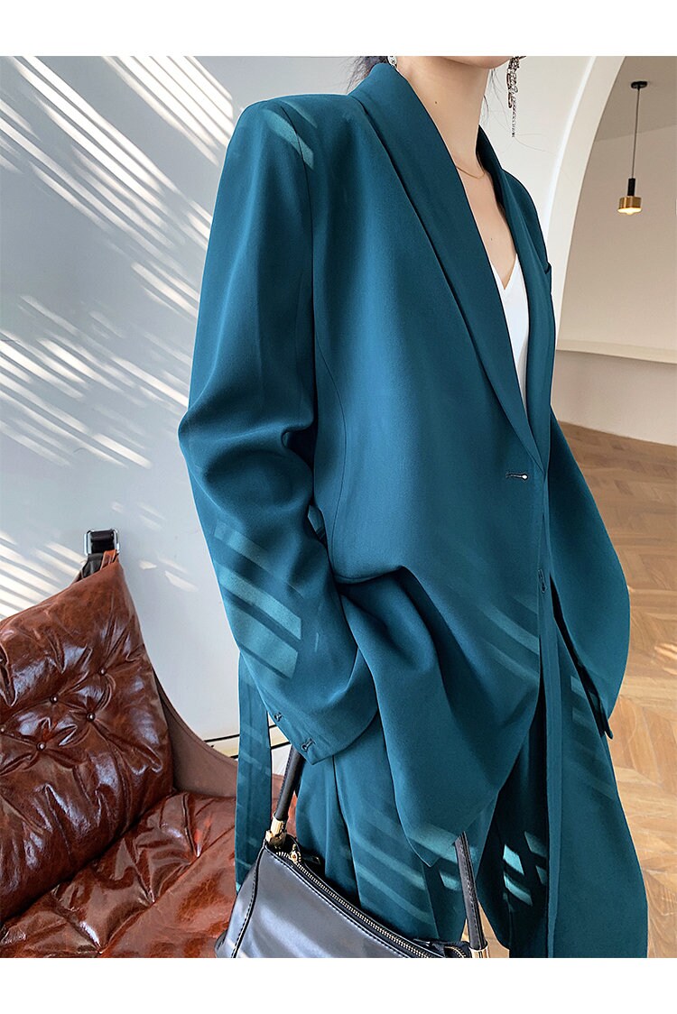 Chic Green Pantsuit, Designer Woman Korean Style Minimalist Montone Suit Jacket + Pants for Smart Casual/ Formal/ Gift for her