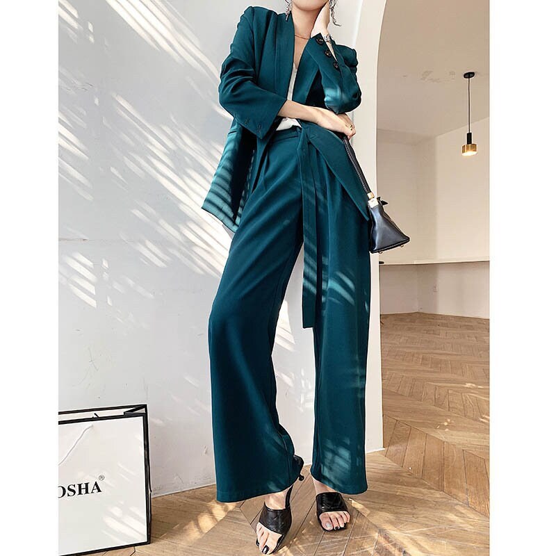 Chic Green Pantsuit, Designer Woman Korean Style Minimalist Montone Suit Jacket + Pants for Smart Casual/ Formal/ Gift for her