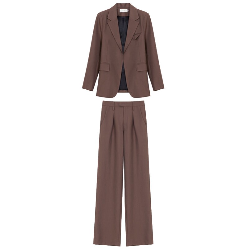 Brown Chic Pantsuit, Designer Woman Korean Style Minimalist Montone Suit Jacket + Pants for Smart Casual/ Formal/ Gift for her