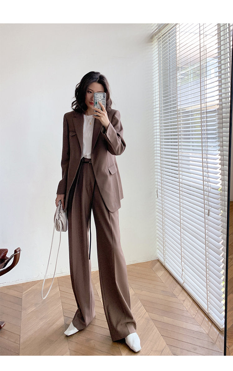 Brown Chic Pantsuit, Designer Woman Korean Style Minimalist Montone Suit Jacket + Pants for Smart Casual/ Formal/ Gift for her