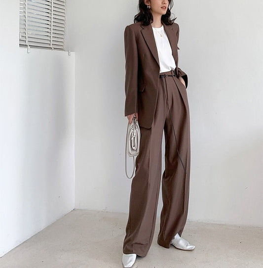 Brown Chic Pantsuit, Designer Woman Korean Style Minimalist Montone Suit Jacket + Pants for Smart Casual/ Formal/ Gift for her