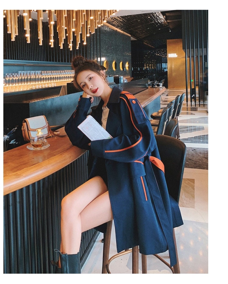 Blue Trench Coat with Orange Strapes, Designer Woman Raincoat Korean Colorful Style Loose Fit for Smart Casual/ Formal/ Gift for her