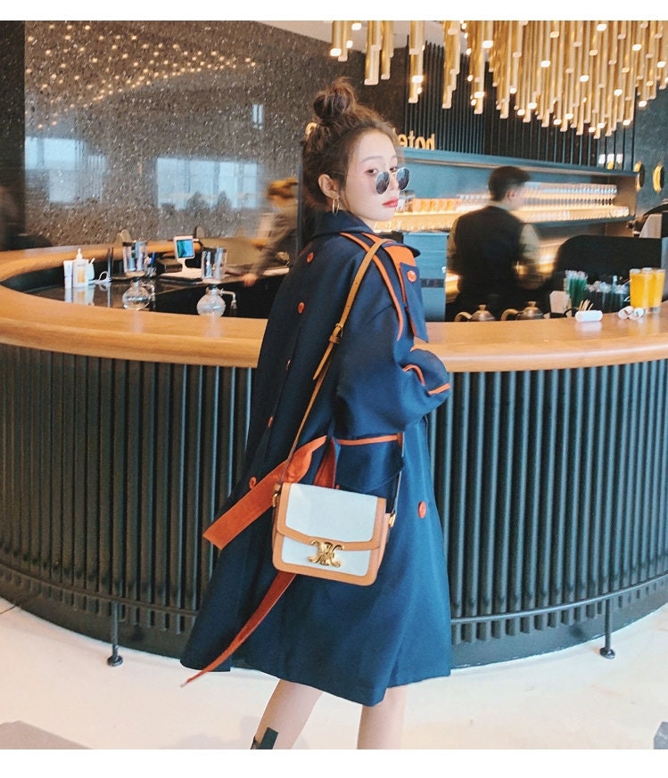 Blue Trench Coat with Orange Strapes, Designer Woman Raincoat Korean Colorful Style Loose Fit for Smart Casual/ Formal/ Gift for her