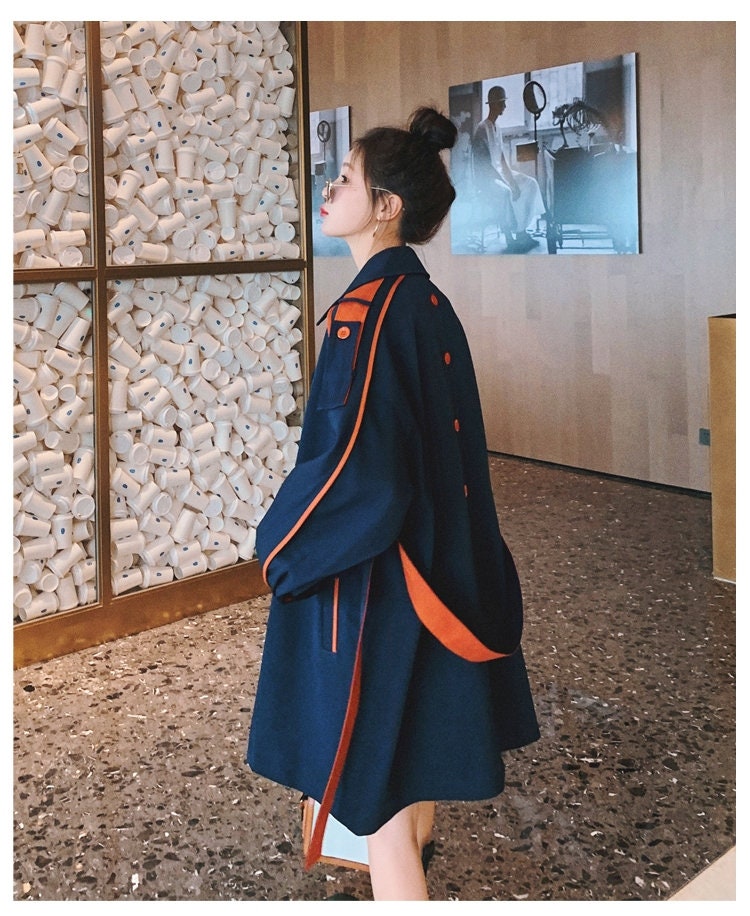 Blue Trench Coat with Orange Strapes, Designer Woman Raincoat Korean Colorful Style Loose Fit for Smart Casual/ Formal/ Gift for her