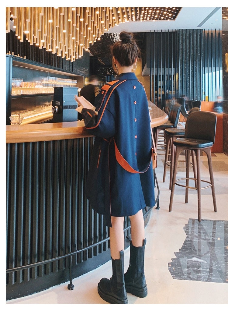 Blue Trench Coat with Orange Strapes, Designer Woman Raincoat Korean Colorful Style Loose Fit for Smart Casual/ Formal/ Gift for her