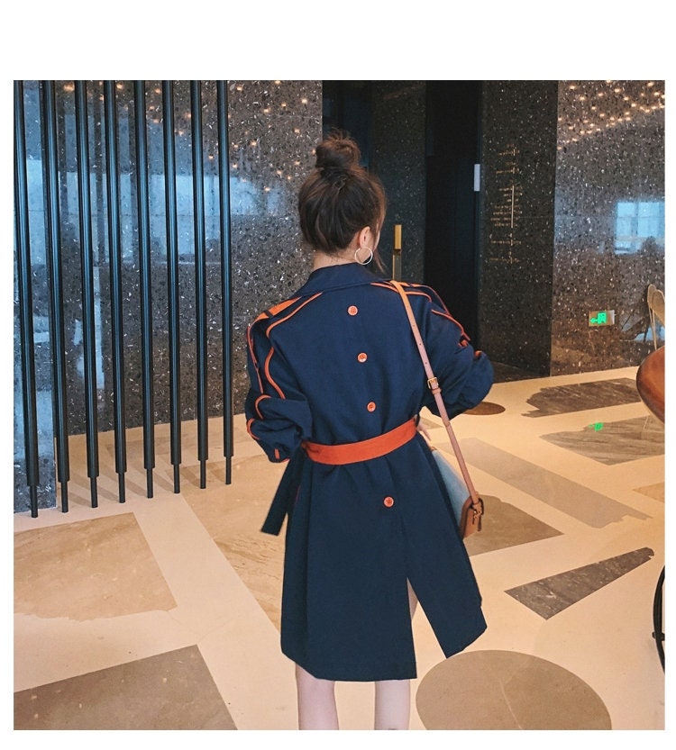 Blue Trench Coat with Orange Strapes, Designer Woman Raincoat Korean Colorful Style Loose Fit for Smart Casual/ Formal/ Gift for her