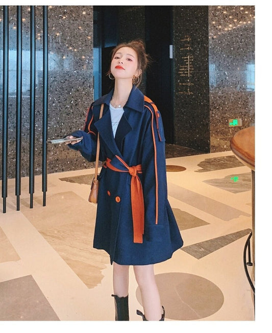 Blue Trench Coat with Orange Strapes, Designer Woman Raincoat Korean Colorful Style Loose Fit for Smart Casual/ Formal/ Gift for her