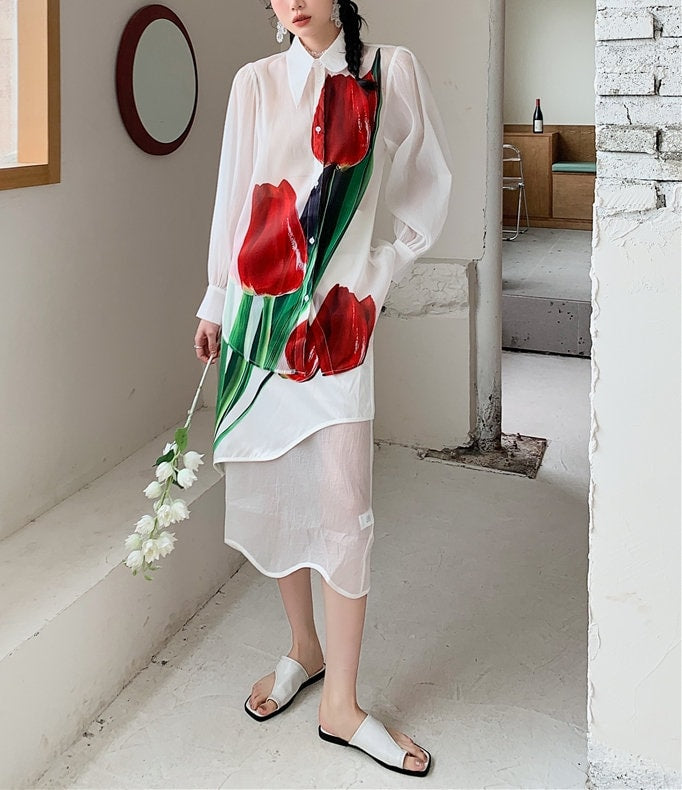 Rose Painting Blouse + Dress, Designer Woman Collar Button Shirt + Skirt with Floral Graphics for Smart Casual/ Formal/ Gift for her