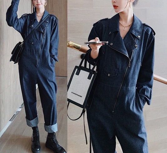 Denim Jumpsuit, Korean Designer Style Playsuit High Waisted Street Fashion for Casual/ Party/ Outdoors/ Gift for her