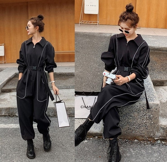 Black Minimalist Jumpsuit, Korean Designer Style Playsuit High Waisted Street Fashion for Casual/ Party/ Outdoors/ Gift for her