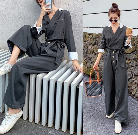 Gray Jumpsuit, Korean Designer Style Playsuit High Waisted Street Fashion for Casual/ Party/ Outdoors/ Gift for her