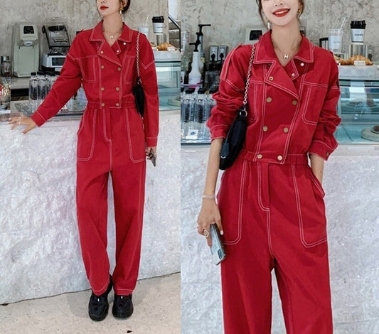 Red Jumpsuit, Korean Designer Style Playsuit High Waisted Street Fashion for Casual/ Party/ Outdoors/ Gift for her