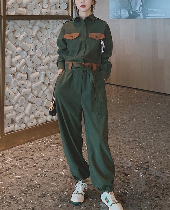 Military Green Jumpsuit, Korean Designer Style Playsuit High Waisted Street Fashion for Casual/ Party/ Outdoors/ Gift for her